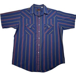 Vtg Plains Western Wear Shirt L Blue Multicolor Stripe Pearl Snap Short Sleeve